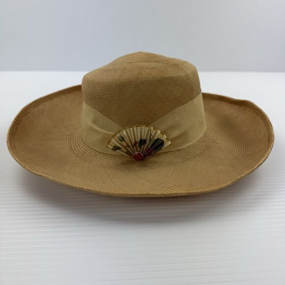 Vintage Frank Olive Straw Wide Brim Hat Floral Brooch Tan main image 10
